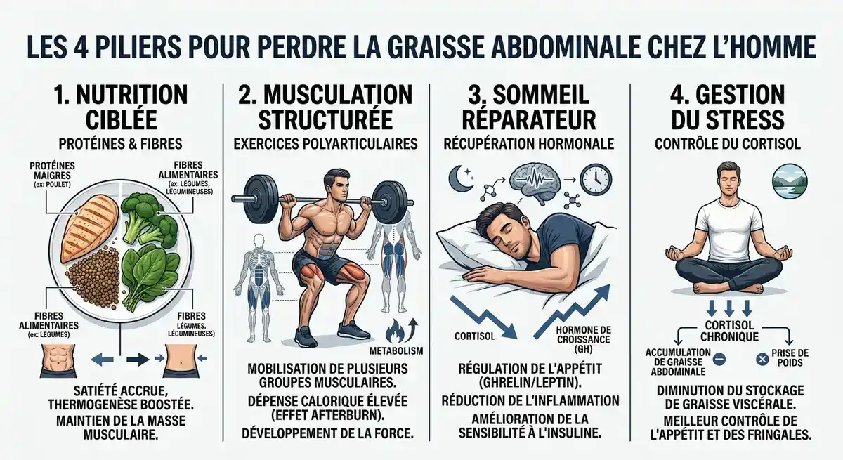 Infographie des 4 piliers pour perdre la graisse abdominale chez l'homme