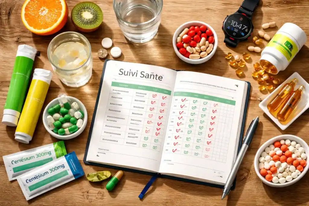 medicaments contre la fatigue sur table avec complements et carnet