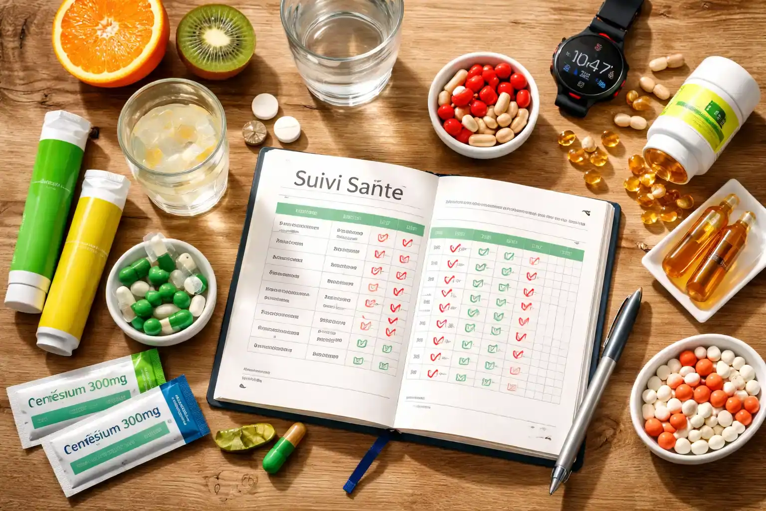 medicaments contre la fatigue sur table avec complements et carnet