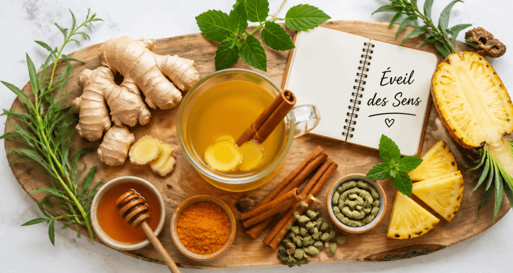 boisson aphrodisiaque fait maison sur planche avec épices et ananas