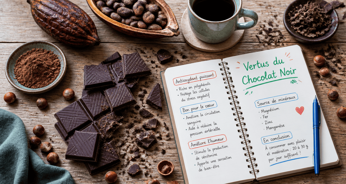 chocolat noir bienfaits et mefaits sur table avec cacao