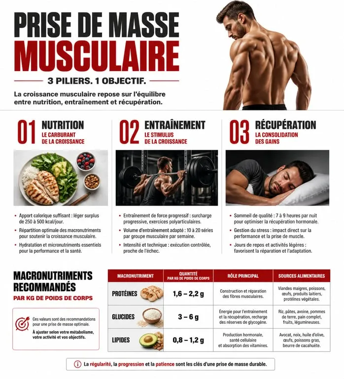 Infographie sur les piliers de la prise de masse musculaire et répartition des macronutriments