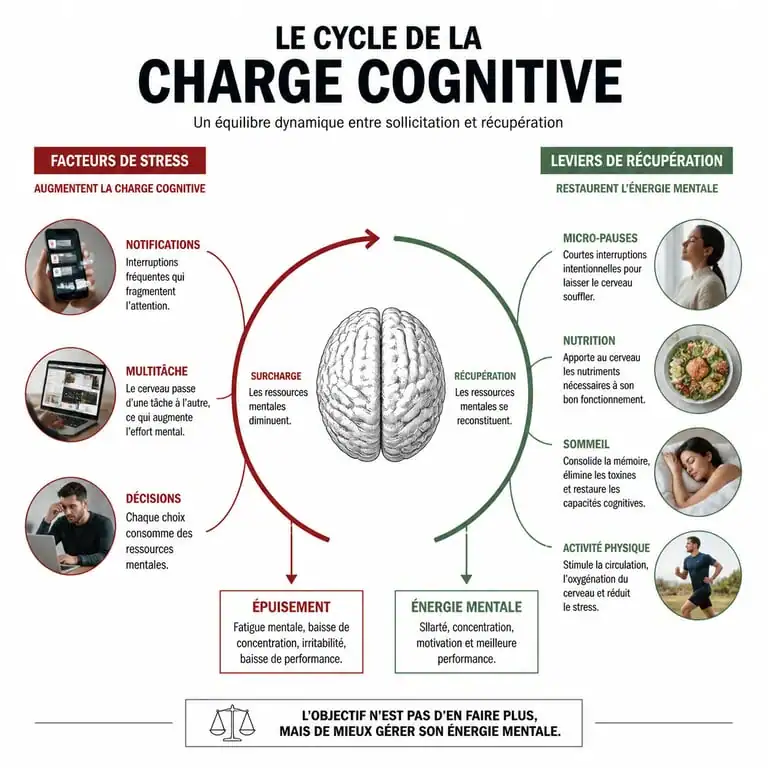 Infographie sur la charge cognitive et les solutions pour retrouver de l'énergie mentale