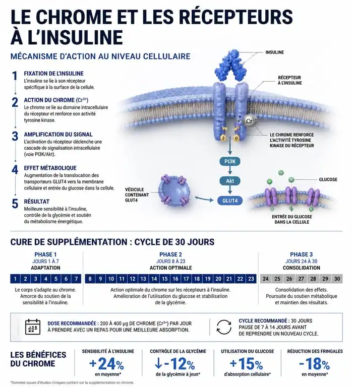 Infographie sur le mécanisme d'action du chrome et la durée idéale d'une cure de chrome pour la glycémie