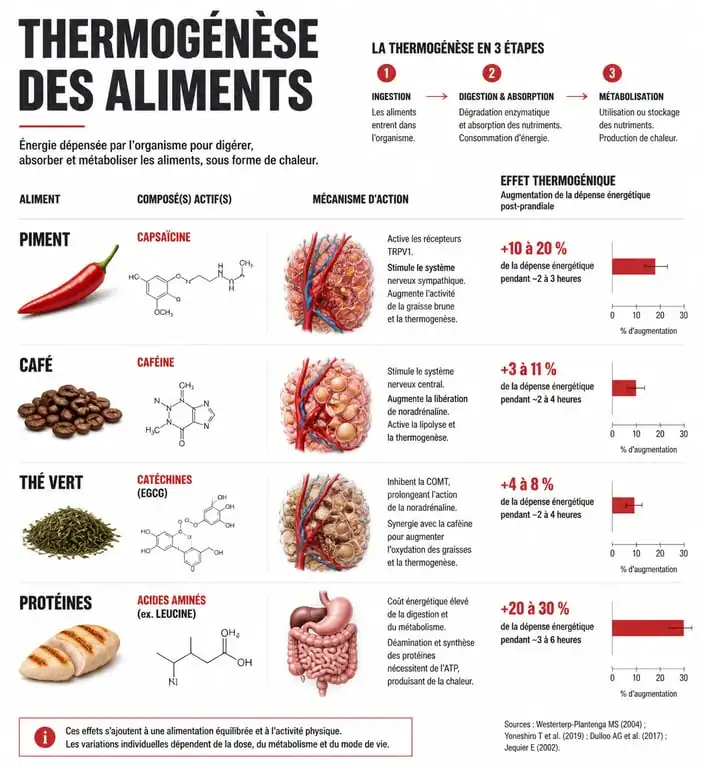 Infographie des aliments boostant le métabolisme et mécanismes de thermogenèse