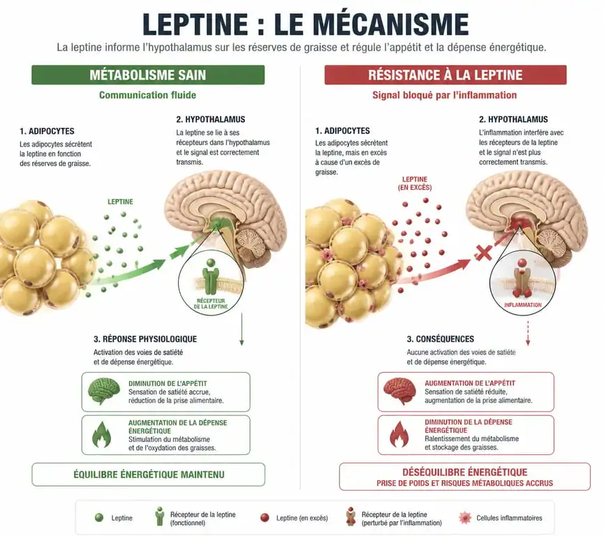 Schéma explicatif du mécanisme de la leptine pour maigrir et de la résistance hormonale