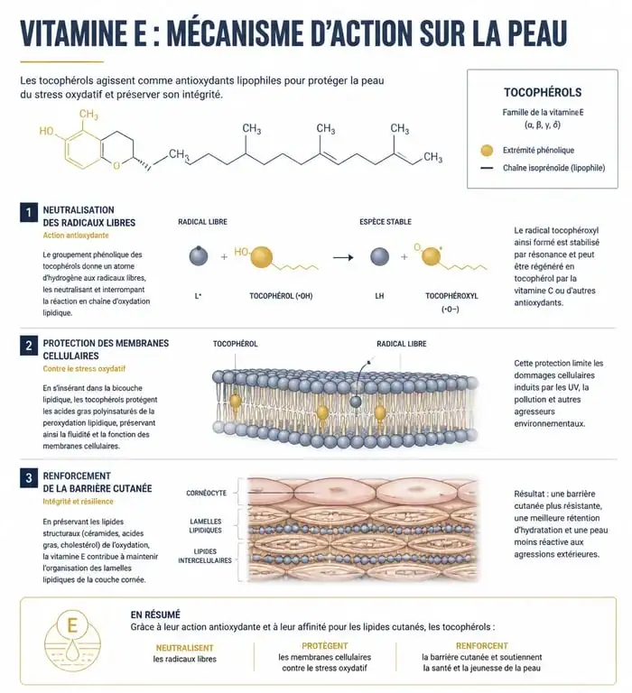 Infographie sur les bienfaits de la vitamine E pour la peau et son action antioxydante