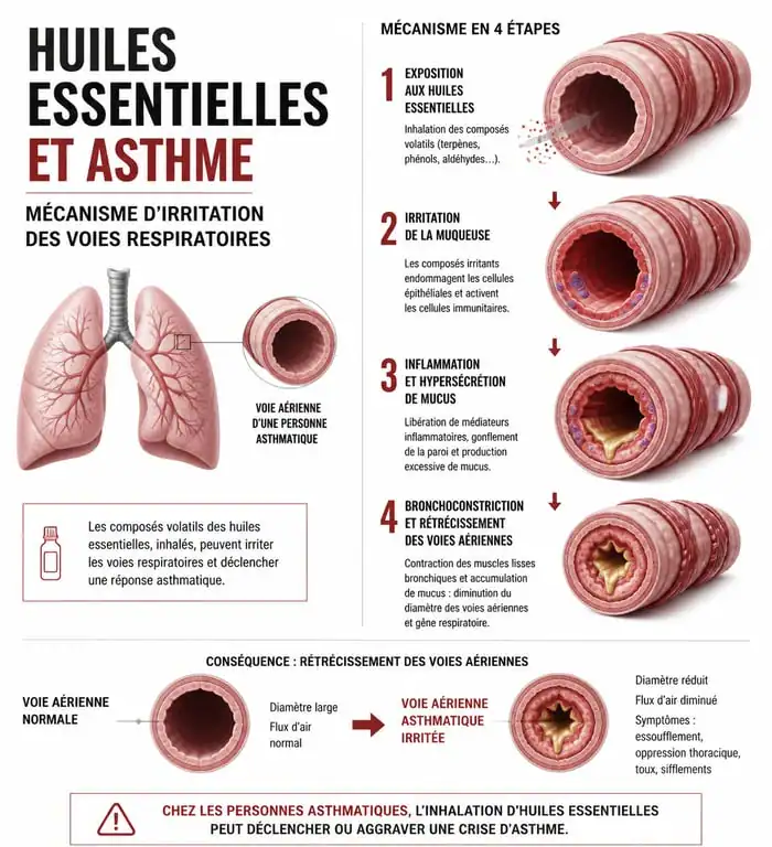 Schéma explicatif du mécanisme d'irritation des voies respiratoires par les huiles essentielles chez les personnes asthmatiques
