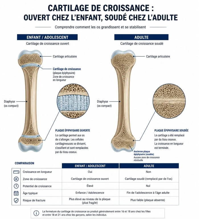 Schéma explicatif de la soudure épiphysaire expliquant pourquoi l'hormone de croissance ne permet pas de grandir à 22 ans.