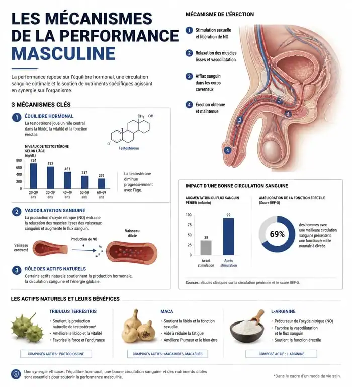 Infographie sur les mécanismes d'action des stimulants puissants pour homme en pharmacie