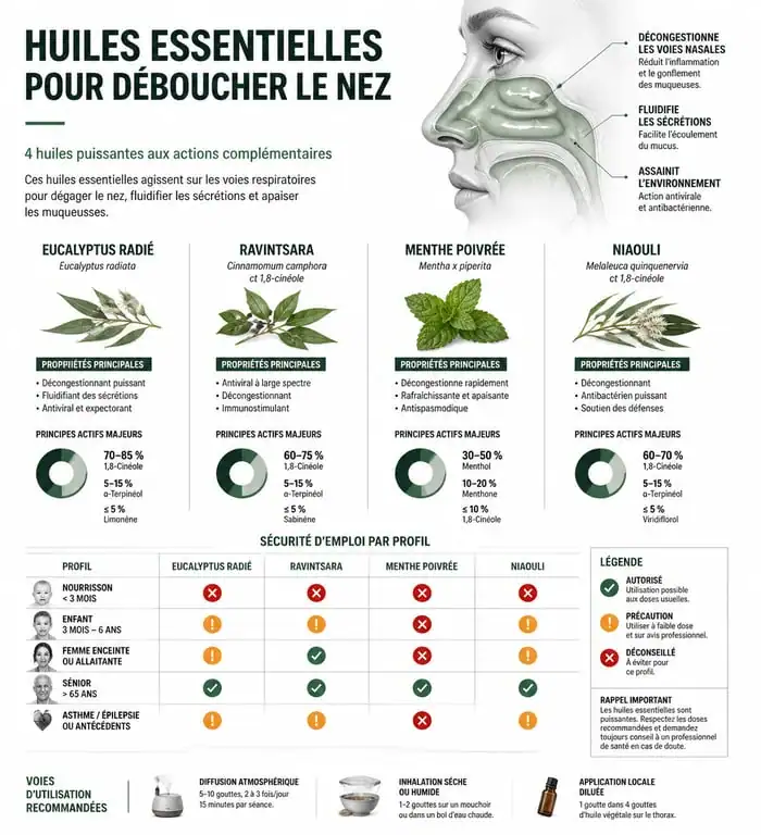 Infographie sur les huiles essentielles pour déboucher le nez et leurs propriétés