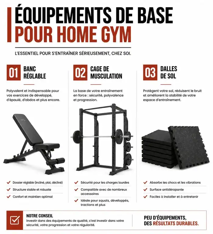 Infographie des équipements essentiels pour musculation à domicile
