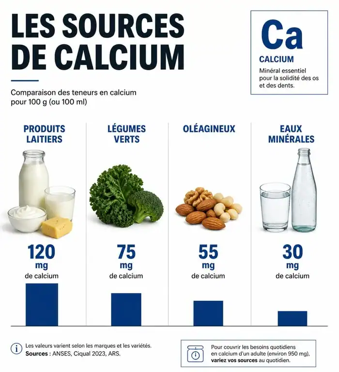 Infographie comparative des meilleures sources alimentaires de calcium pour la santé osseuse
