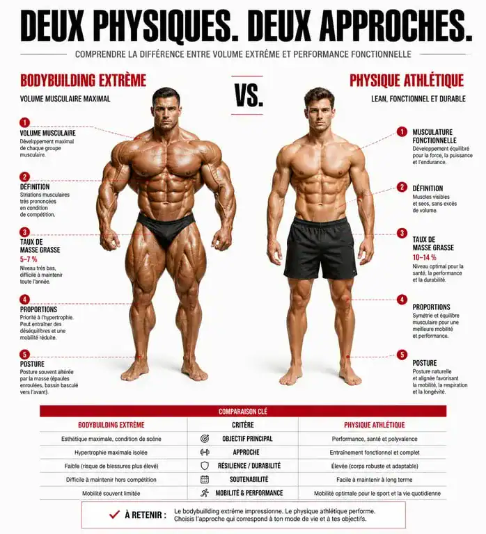Comparaison visuelle entre un physique de bodybuilder et un physique athlétique musclé mais pas trop