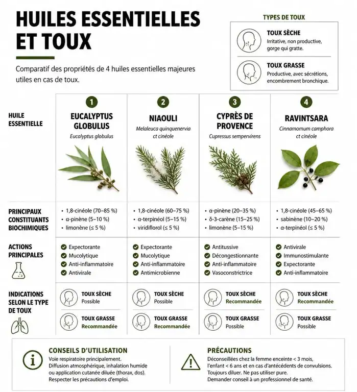 Infographie des huiles essentielles pour la toux sèche et grasse