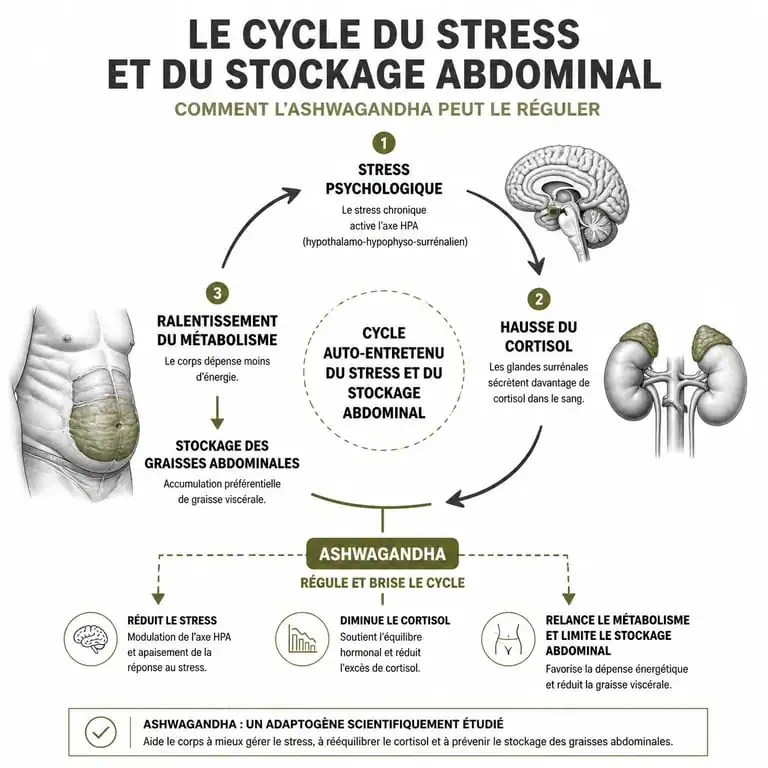Infographie expliquant le mécanisme d'action de l'ashwagandha sur le cortisol et la perte de poids