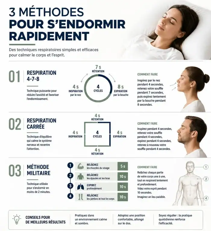 Infographie des techniques pour s'endormir rapidement : respiration 4-7-8, respiration carrée et méthode militaire.