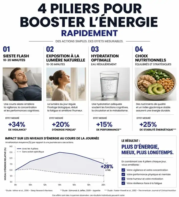 Infographie sur comment avoir de l'énergie rapidement avec des conseils santé