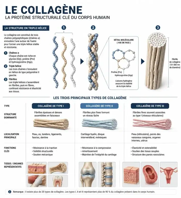 Infographie sur la structure et les types de collagène dans le corps humain