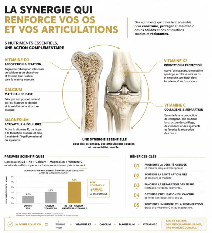 Infographie des vitamines et minéraux essentiels pour la santé des os et des articulations