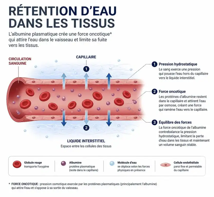 Schéma explicatif du mécanisme biologique de la rétention d'eau et des causes de la rétention d'eau dans les tissus