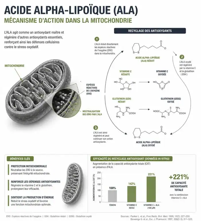 Infographie du mécanisme d'action de l'acide alpha-lipoïque et recyclage des antioxydants