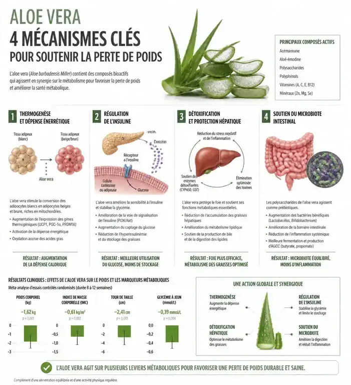Infographie sur les bienfaits de l'aloe vera pour maigrir et ses mécanismes d'action sur le métabolisme