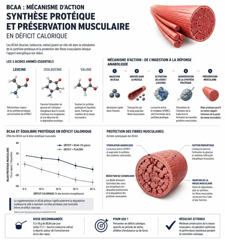 Infographie expliquant les bienfaits des BCAA pour la perte de poids et la préservation musculaire