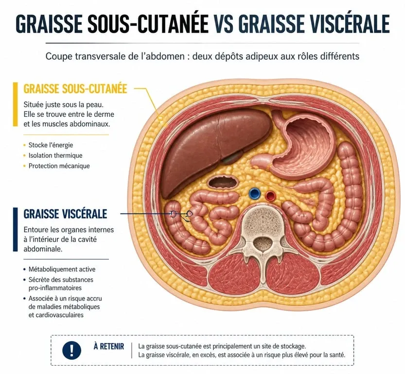 Schéma explicatif de la différence entre graisse sous-cutanée et graisse viscérale pour brûler les graisses du ventre