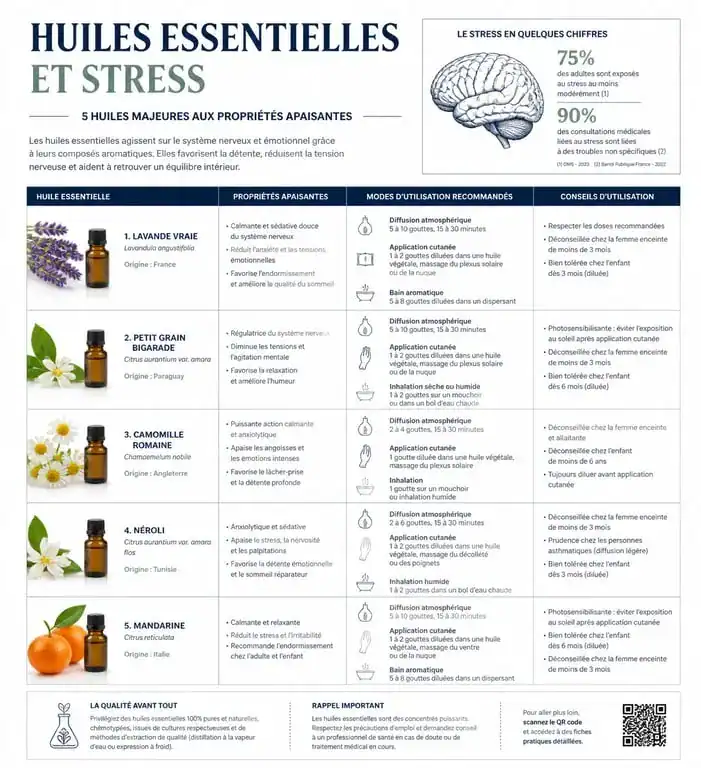 Infographie des huiles essentielles pour le stress et l'anxiété : propriétés et modes d'utilisation