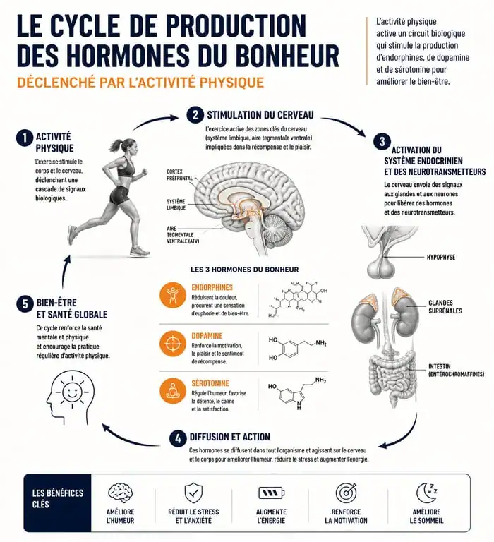 Infographie expliquant le rôle des hormones du bonheur et le lien entre sport et bien-être mental
