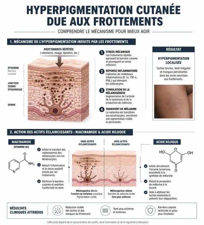 Infographie expliquant le mécanisme de l'hyperpigmentation des zones intimes et l'action des crèmes éclaircissantes en pharmacie