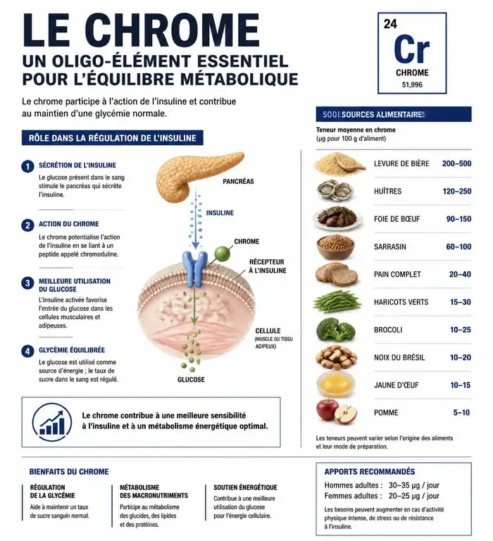 Infographie sur les bienfaits du chrome et les aliments riches en chrome pour la santé
