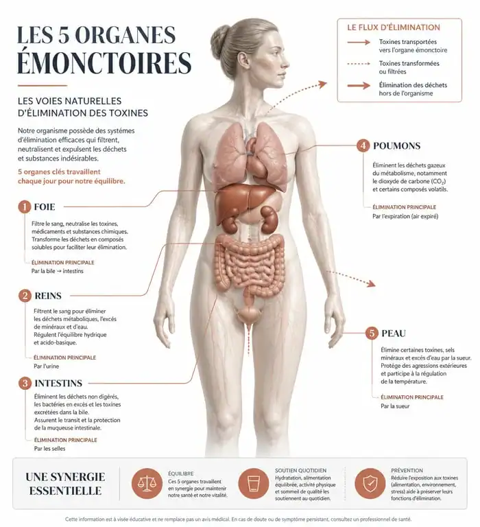 Infographie des 5 organes émonctoires pour une détox efficace