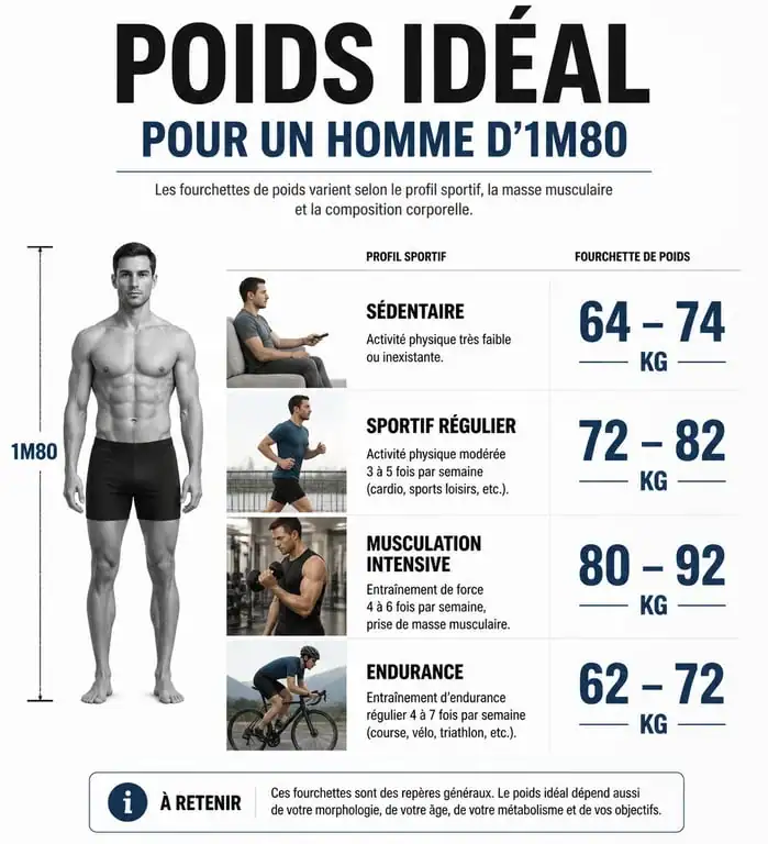 Infographie des fourchettes de poids idéal pour un homme d'1m80 selon le niveau sportif
