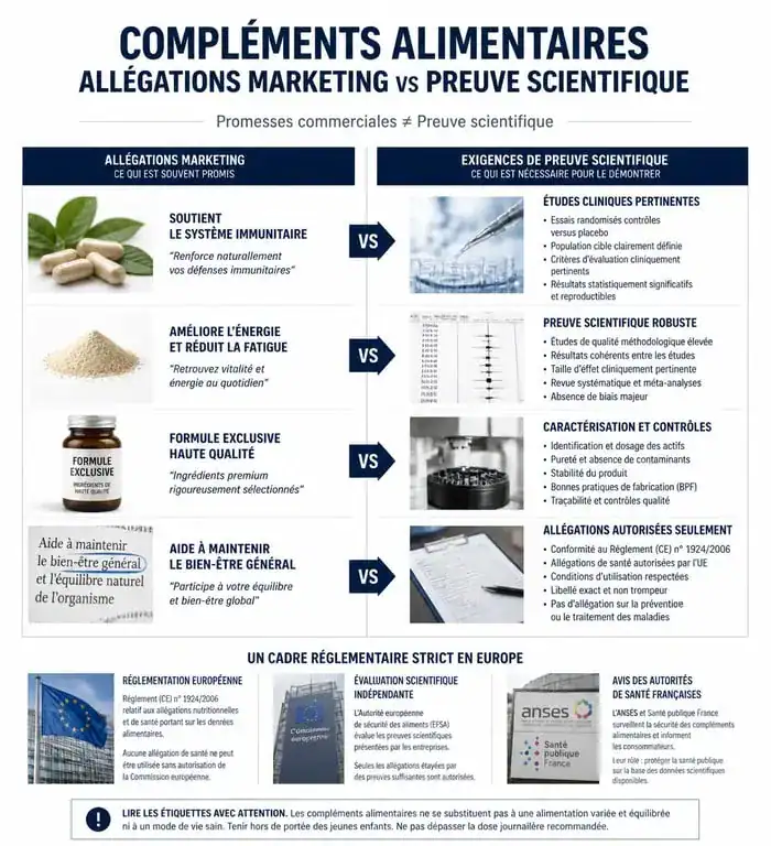 Infographie comparative sur la validité scientifique des compléments alimentaires et les allégations santé