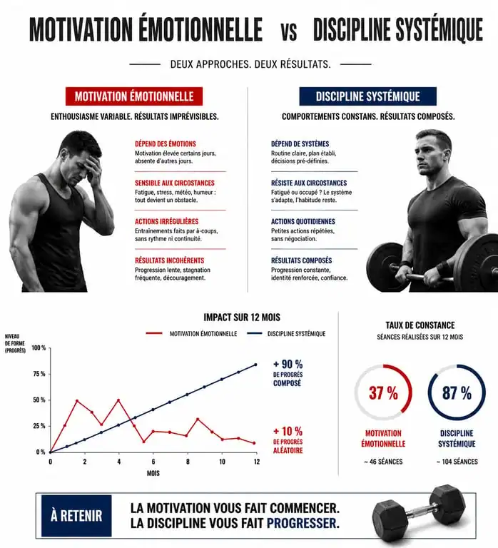 Infographie comparative motivation musculation vs discipline systémique