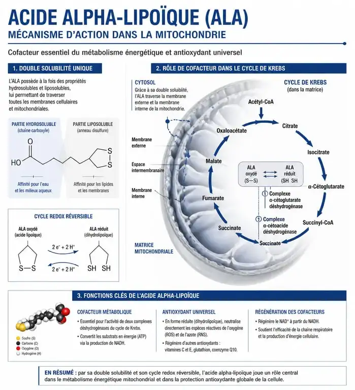 Infographie sur le mécanisme d'action de l'acide alpha lipoique ALA dans les cellules
