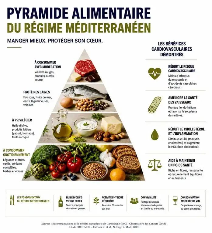 Infographie des principes et bienfaits santé du régime méditerranéen