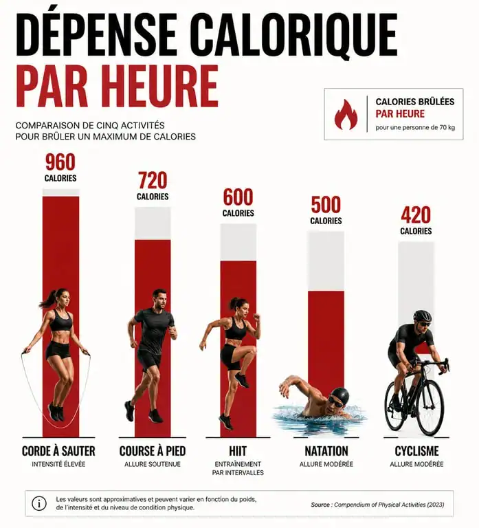 Infographie comparative de la dépense calorique par sport pour perdre du poids rapidement