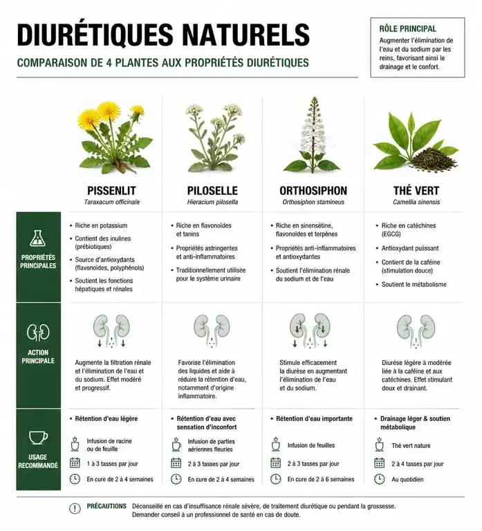 Infographie comparative des plantes diurétiques naturelles les plus puissantes pour la santé
