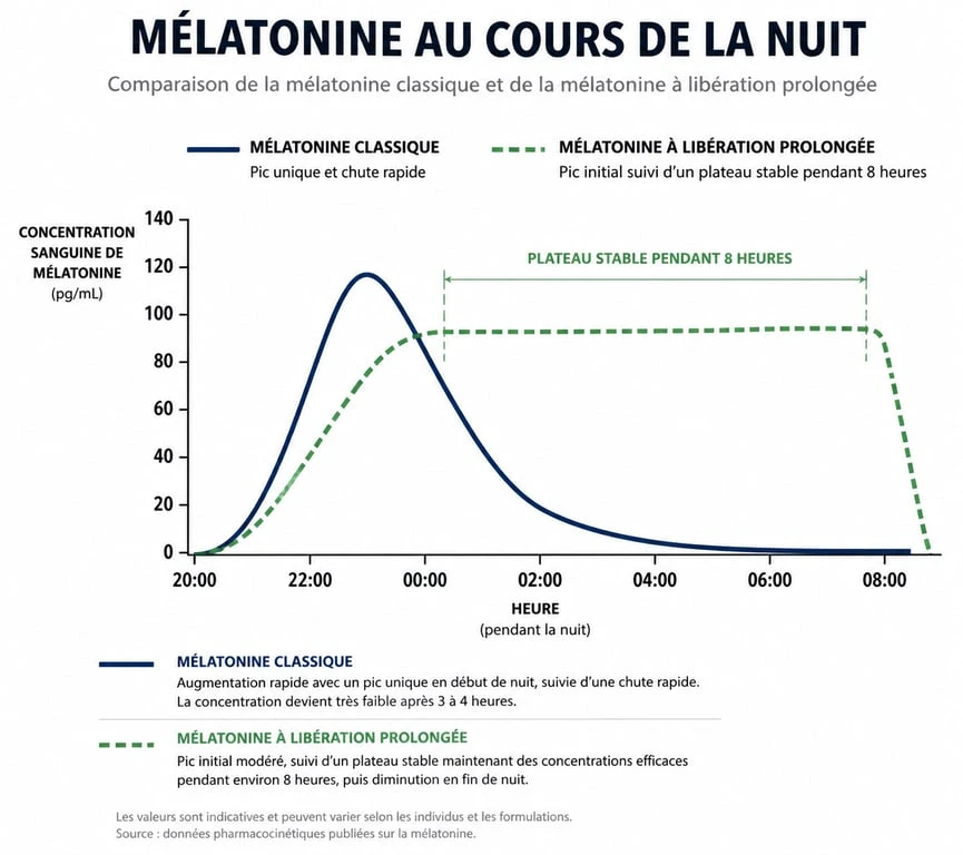 Schéma comparatif de la concentration sanguine entre mélatonine classique et mélatonine à libération prolongée pour le sommeil.