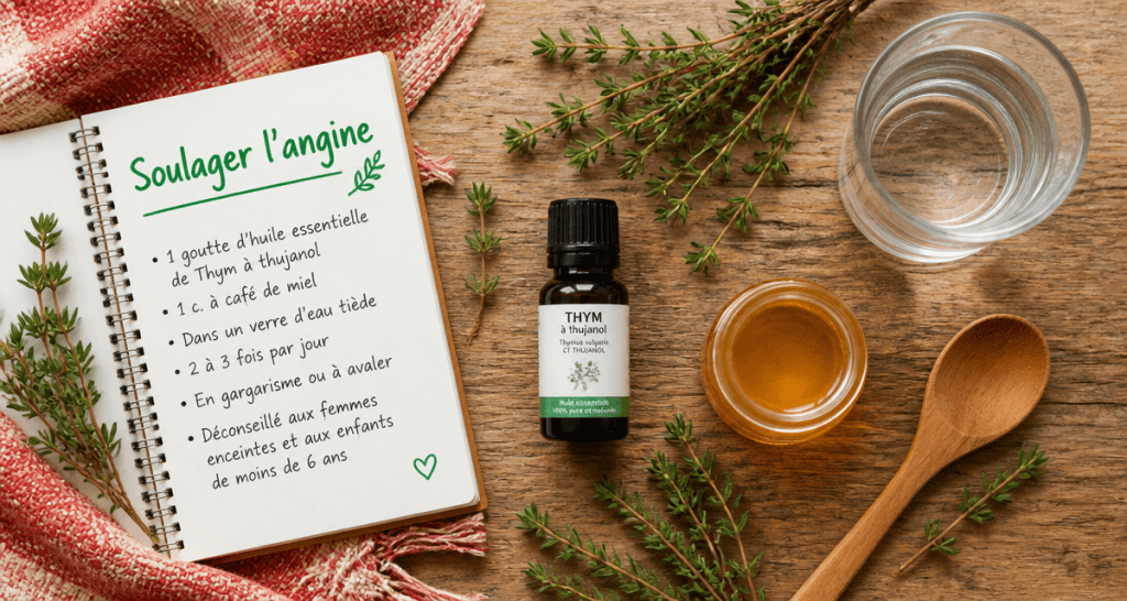 huile essentielle angine thym miel sur table