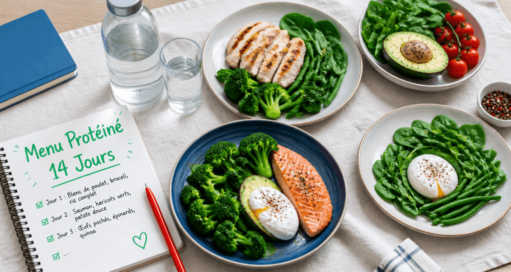 menu regime proteine 2 semaines assiette poulet saumon legumes