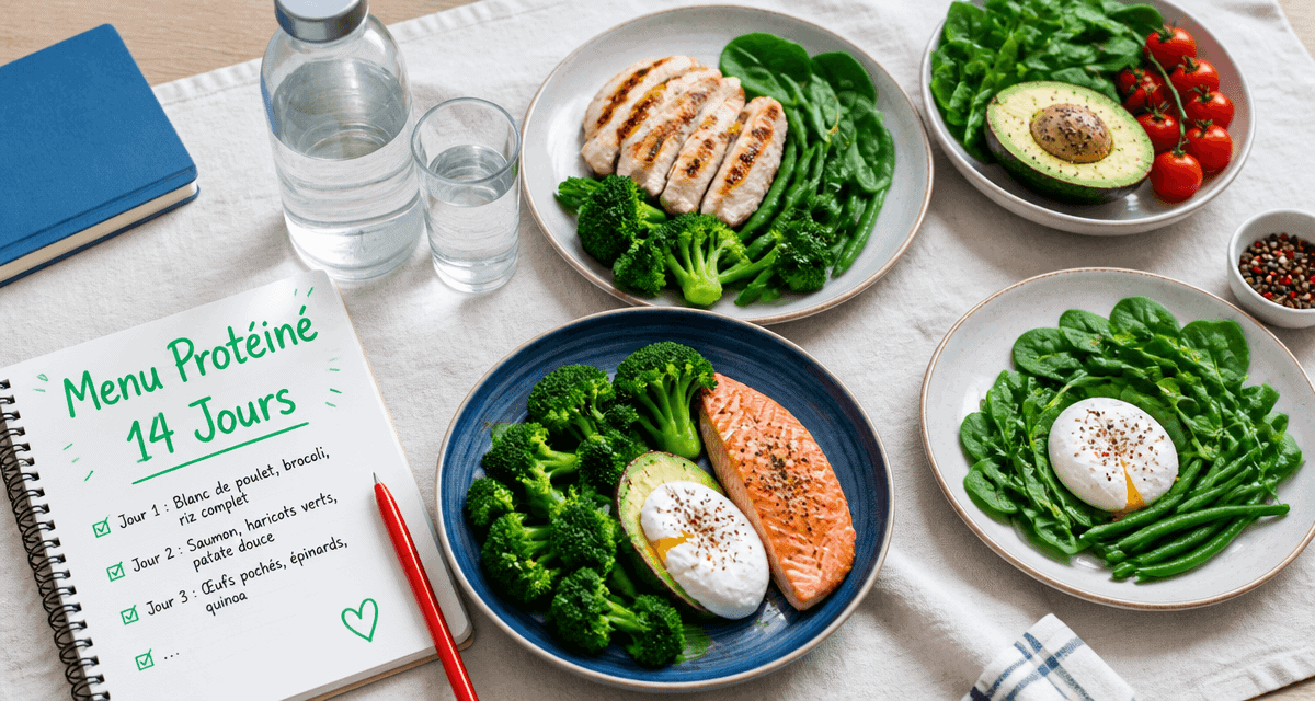 menu regime proteine 2 semaines assiette poulet saumon legumes