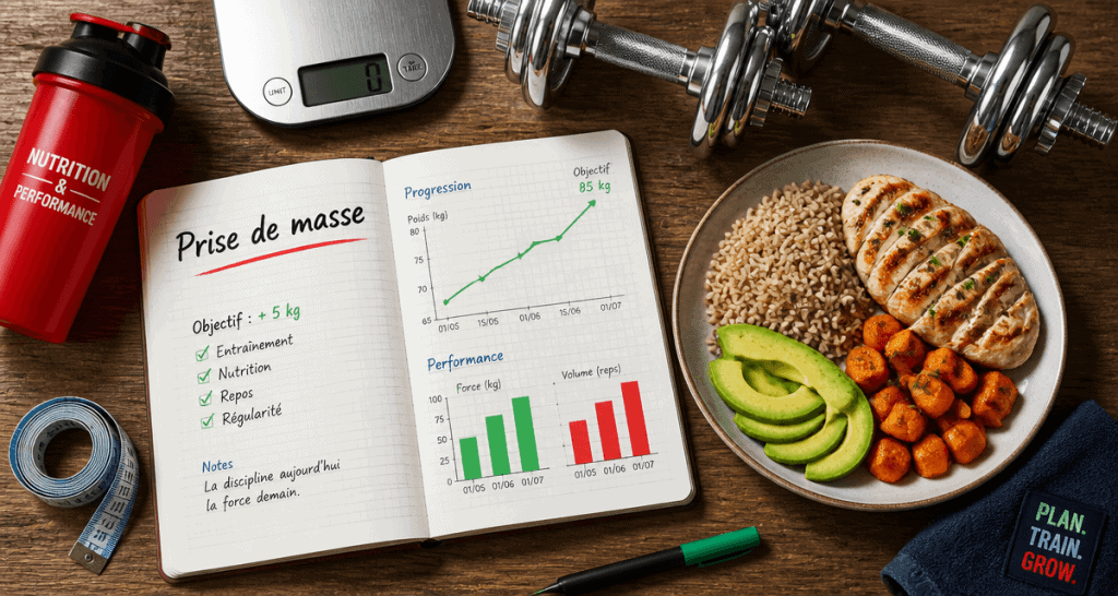 prise rapide de masse musculaire carnet repas haltères