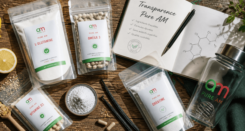 pure am nutrition avis sachets compléments transparents sur table