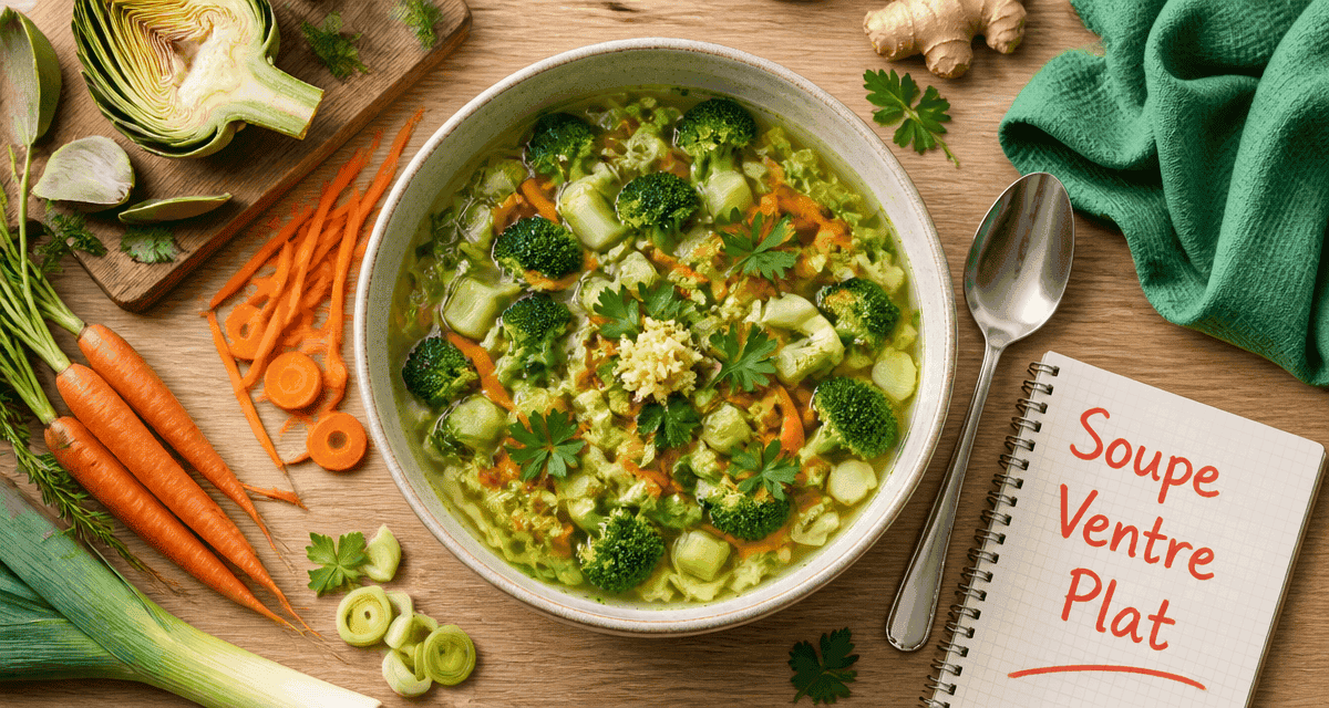 soupe detox ventre plat bol légumes verts et carottes