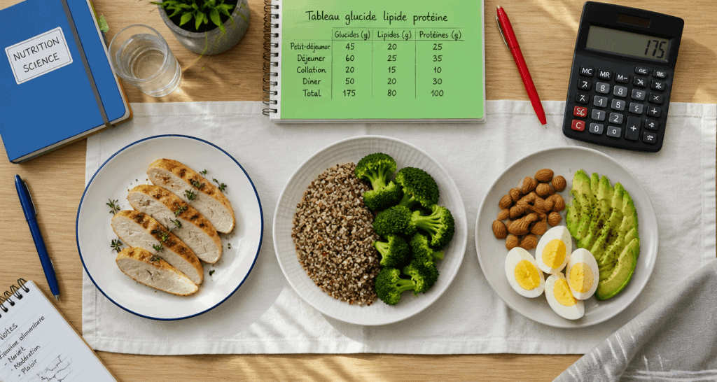 Tableau glucide lipide proteine avec assiettes aliments