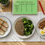 Tableau glucide lipide proteine avec assiettes aliments